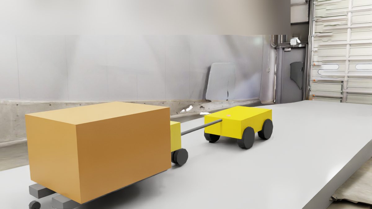 AGVが1.5t積載のハンドリフトを牽引して坂を登るシミュレーション