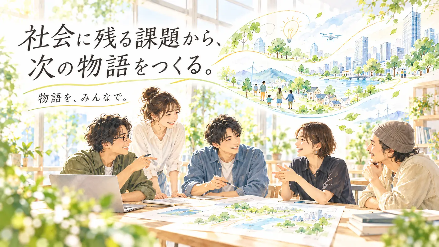 社会に残る課題から、次の物語をつくる。物語を、みんなで。テーブルを囲んで語り合う5人と、その先に広がる緑豊かな街のイメージ