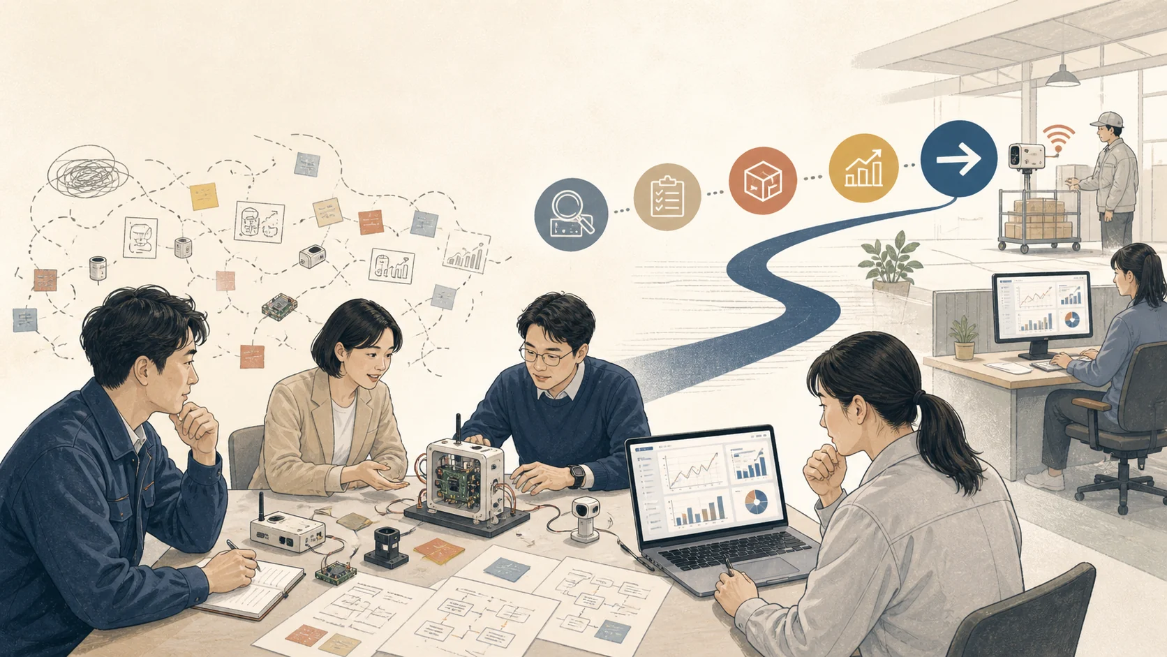 散らかった技術検証を整理し、本番実装と現場運用へつなげるチームのイラスト